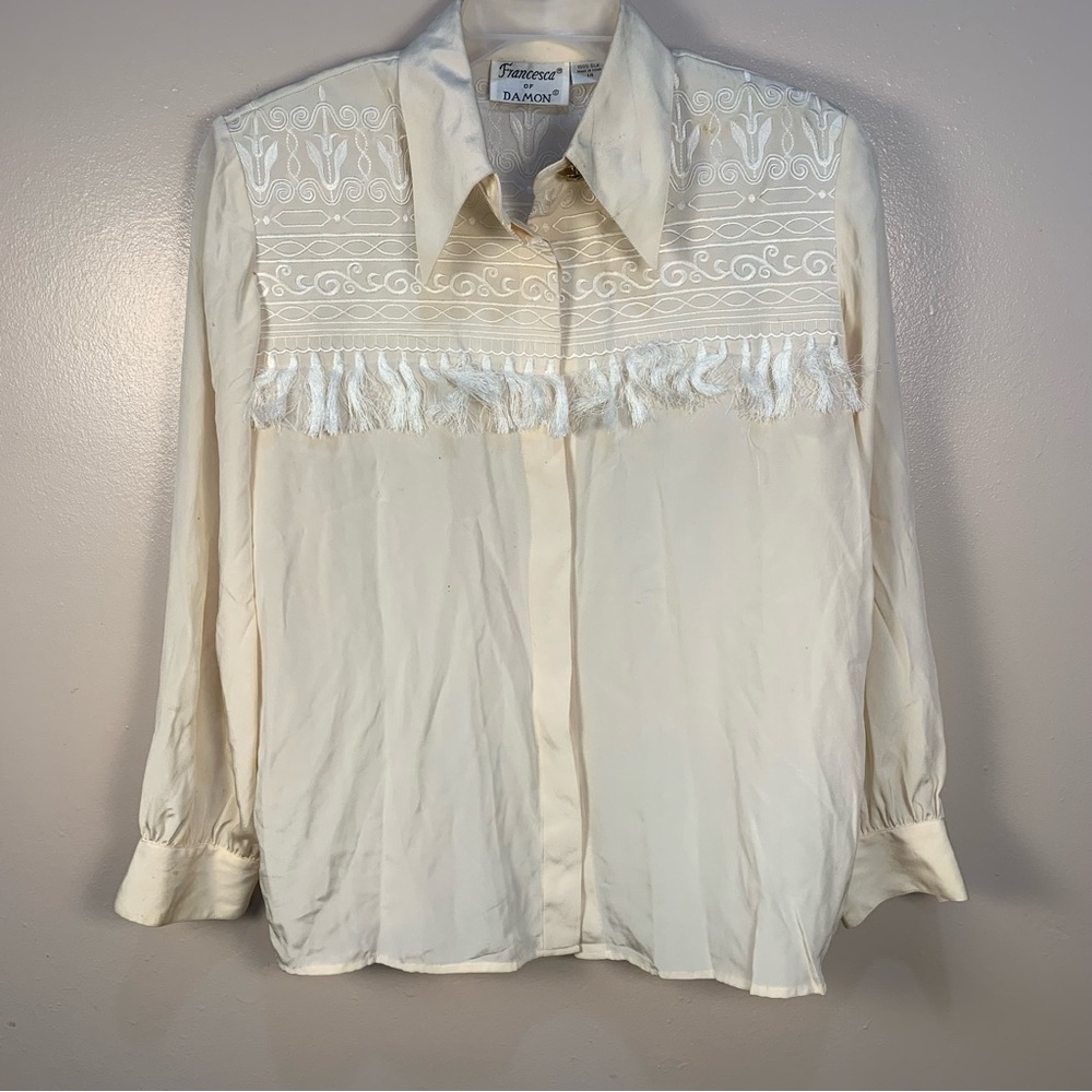 VTG Francesca of Damon 100% Silk Embroidered Tassel Country Western Blouse